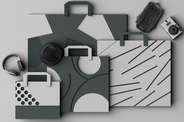 Design with composition of shopping bag by geometric memphis style shapes in grey tone. 3d rendering illustration