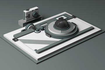 Design with composition the camera of geometric memphis style shapes in grey tone. 3d rendering illustration