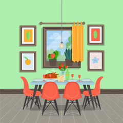 Modern cozy dining room interior with  table with chairs, paintings, window, indoor plants. Vector illustration flat cartoon style.