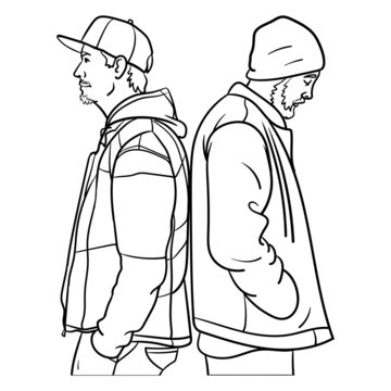 Vector comic outline drawing in black and white of two young men standing back to back and looking to the side. hip hop, outline, rapper, cool, cap.