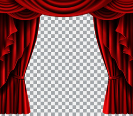 Red stage curtain realistic vector illustration for theater or opera scene backdrop, concert grand opening or cinema premiere. Red curtains or portiere drapes for ceremony performance design template