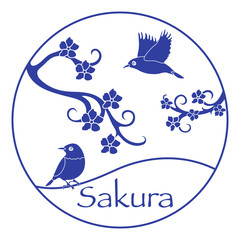 Sakura branches and japanese birds. Japan nature.