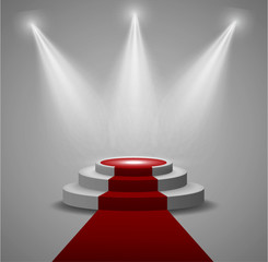 Fototapeta premium Round stage podium illuminated with light. Stage vector backdrop. Festive podium scene for award ceremony. 