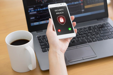 Security breach, smartphone screen, infected by internet virus
