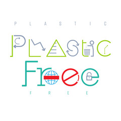 Plastic free typographic design. Pictorial symbol. Reducing the amount of single-use plastic presented in pictorial form. Vector illustration outline flat design style.