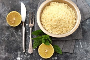 Couscous in bowl. Top view.