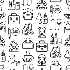 Flu and symptoms seamless pattern with thin line icons: temperature, chills, heat, runny nose, bed rest, pills, doctor with stethoscope, nasal drops, cough, phlegm in the lungs. Vector illustration.