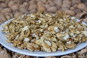 Peeled walnuts in a white plate,peeled walnuts on a cake plate