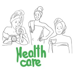 The image of a young girl performing cosmetic procedures, face and body care, and lettering, vector illustration, drawing