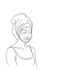 Young girl performing cosmetic procedures, face and body care, linear pattern in vector