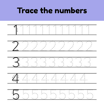 Vector illustrations set. Trace line number for kindergarten and preshool kids.