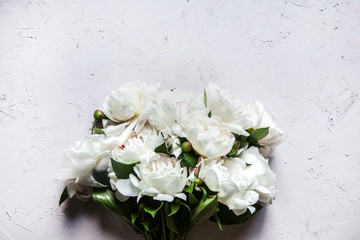 Beautiful peony flowers with copy space for your text top view and flat lay style.