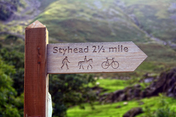 Styhead wooden signal. Lake District National Park. Cumbria, England, UK.