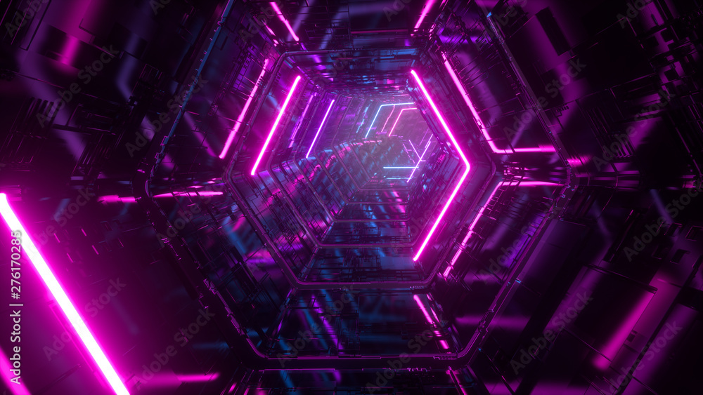 Poster flying through endless luminous tunnel. construction with neon glowing hexagons. hyper loop. abstrac