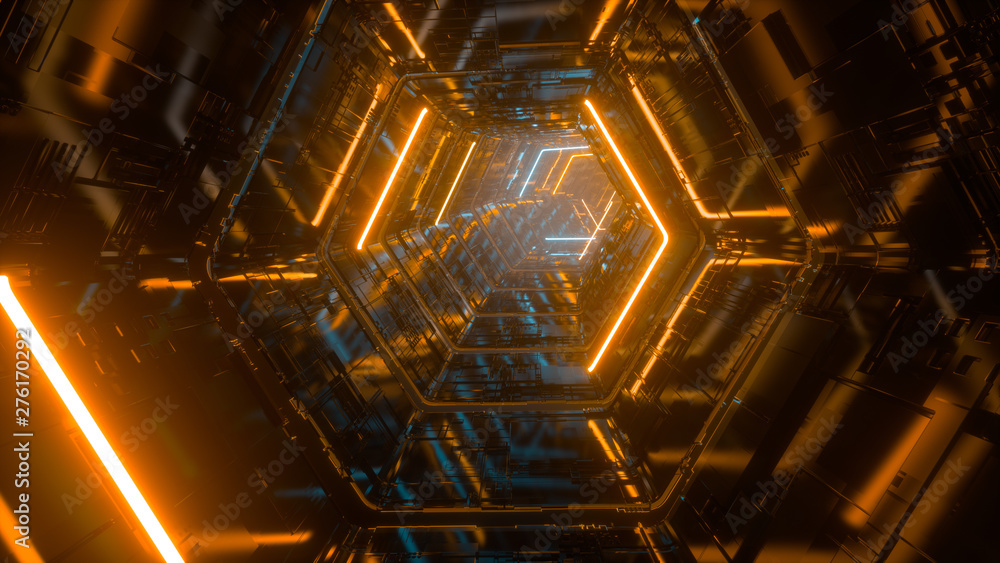 Aufkleber flying through endless luminous tunnel. construction with neon glowing hexagons. hyper loop. abstrac