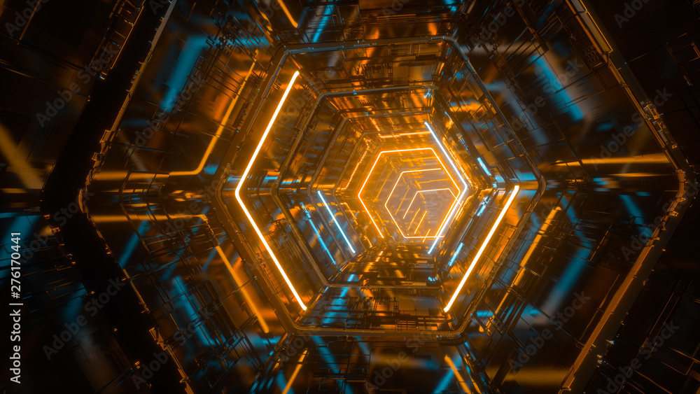 Poster flying through endless luminous tunnel. construction with neon glowing hexagons. hyper loop. abstrac