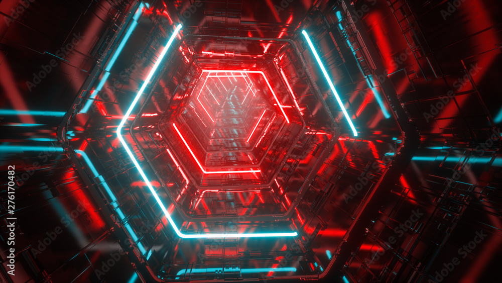 Aufkleber flying through endless luminous tunnel. construction with neon glowing hexagons. hyper loop. abstrac