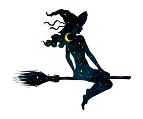 Silhouette of beautiful witch girl on a broom with crescent moon and stars in profile isolated hand drawn vector illustration