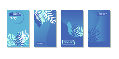 Vector set of social media stories design templates with palm leaves. Creative backgrounds for  banner, poster, web, landing, page, cover, ad, greeting card, promotion. Summer vacation concept