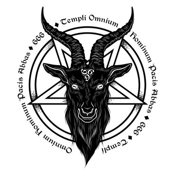 Baphomet demon goat head hand drawn print or blackwork flash tattoo art design vector illustration. Latin inscription translation - father of the temple of peace of all men.