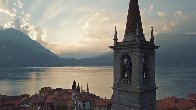 AERIAL view of the Bell Tower at Varenna, Lake Como in Italy.
