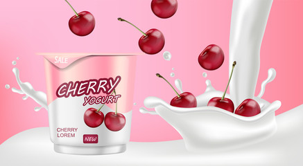 Cherry yogurt Vector realistic. Product placement mock up. Label design. Milk splash. Detailed 3d illustrations