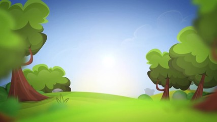 Spring Cartoon Nature Background Loop/ 4k animation of a cartoon summer or spring season country landscape, with road trail leading towards horizon seamless looping