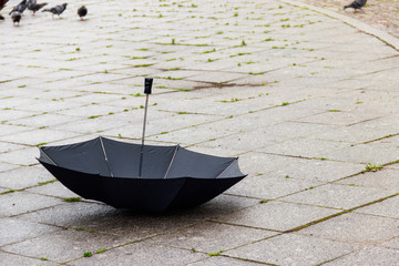 Opened black umbrella lying on a sidewalk