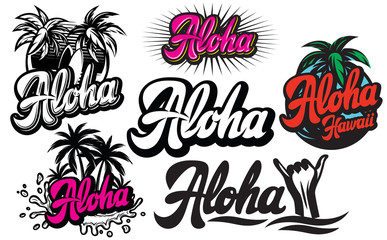 Vector set of monochrome illustrations on aloha with a palm