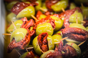 close up of mix olives within the spanish market - food corner