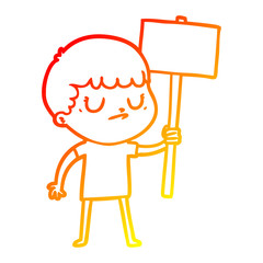 warm gradient line drawing cartoon grumpy boy with placard