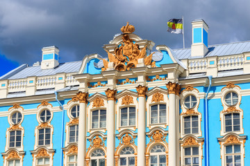 Catherine Palace is a Rococo palace located in the town of Tsarskoye Selo (Pushkin), 30 km south of Saint Petersburg, Russia. It was the summer residence of the Russian tsars