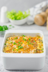 Cheese broccoli cabbage casserole, oven baked. Selective focus, space for text.