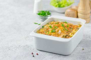 Cheese broccoli cabbage casserole, oven baked. Selective focus, space for text.