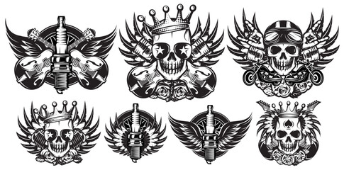 Vector monochrome illustration set on the combined theme of rock music and motorcycle