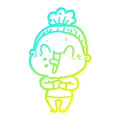 cold gradient line drawing cartoon happy old woman