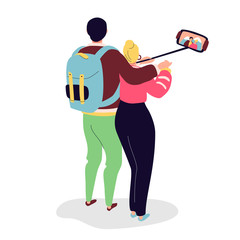 Happy couple making selfie - colorful flat design style illustration