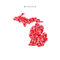 I Love Michigan. Red Hearts Pattern Vector Map of Michigan