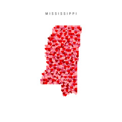I Love Mississippi. Red Hearts Pattern Vector Map of Mississippi
