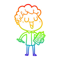 rainbow gradient line drawing laughing cartoon man with clipboard and pen