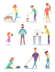 Fototapeta na wymiar Animal owners. Happy domestic pets with young male and female holders animals cats dogs walking vector cartoons. Illustration of animal dog friend and happy owner with hedgehog and hamster