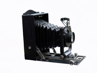 photo of an old camera made in the Soviet Union in the 1930s, isolated on a white background