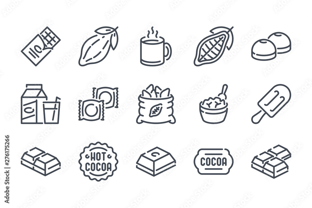 Poster chocolate related line icon set. cocoa industry linear icons. cacao outline vector signs and symbols