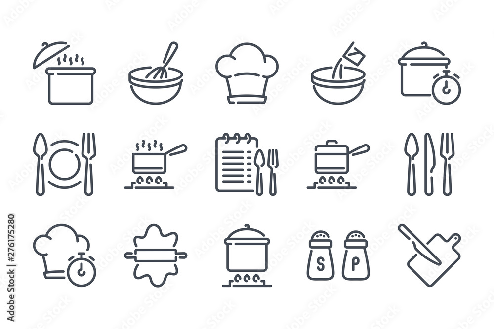 Poster cooking related line icon set. pot, pan and kitchen utensils linear icons. cooking recipe outline ve - Posters