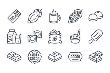 Chocolate related line icon set. Cocoa industry linear icons. Cacao outline vector signs and symbols collection.