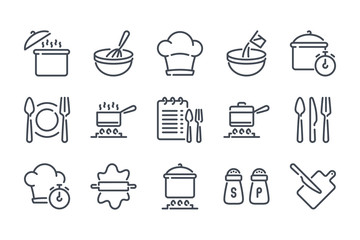 Cooking related line icon set. Pot, pan and kitchen utensils linear icons. Cooking recipe outline vector signs and symbols collection.
