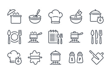 Cooking related line icon set. Pot, pan and kitchen utensils linear icons. Cooking recipe outline vector signs and symbols collection. - obrazy, fototapety, plakaty