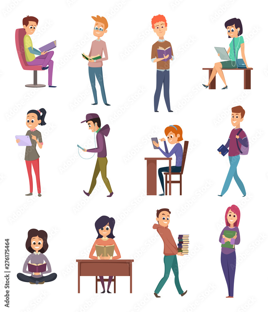 Poster reading characters. people knowledge student with books learn in library study school vector illustr