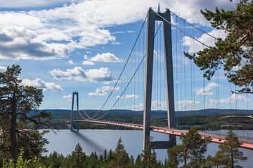 View of the High coast bridge seen from the north bank of the river Angermanalven located near Harnosand in Sweden