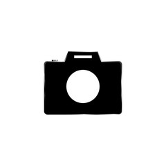 Black photo camera on a white background.